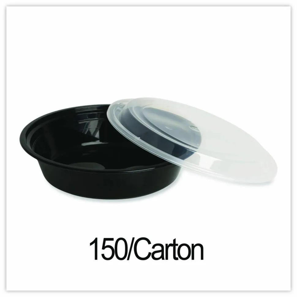 GEN Microwavable Food Container with Lid, Round, 48 oz, 8.85 x 8.85 x 2.24, Black/Clear, Plastic, 150/Carton