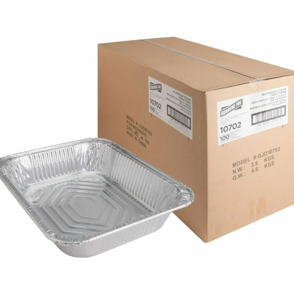 Genuine Joe Half-size Disposable Aluminum Pan - Cooking, Serving - Disposable - 0.5" Diameter - Silver - Aluminum Body - 100 / Carton