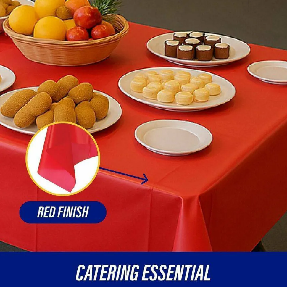 Genuine Joe Plastic Rectangular Table Covers, 108" Length x 54" Width, Plastic, Red, 6 Per Pack, 4 Packs
