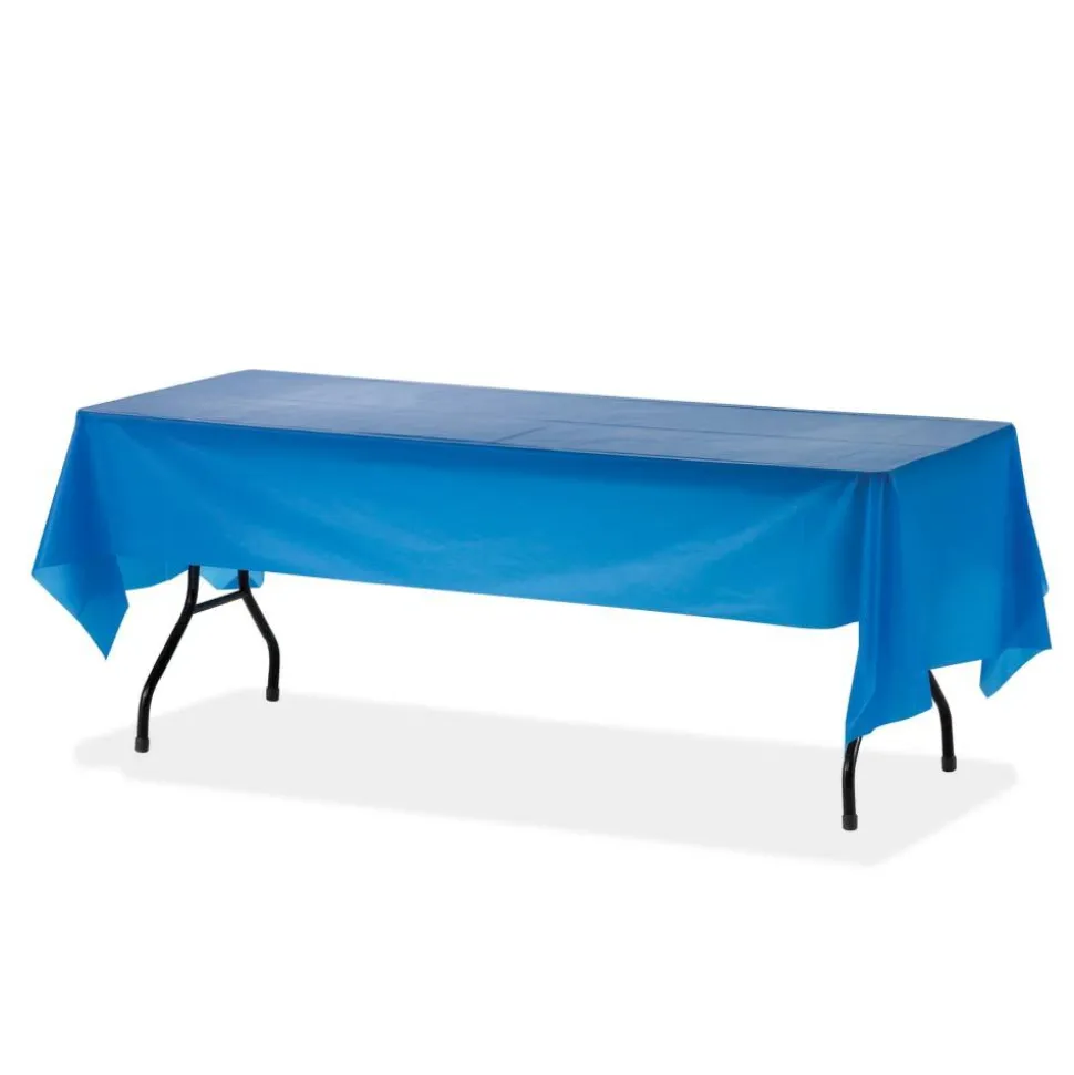Genuine Joe Plastic Rectangular Table Covers, 108" Length x 54" Width, Plastic, Blue, 6 Per Pack, 4 Packs