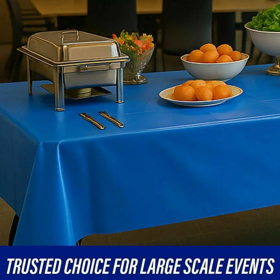 Genuine Joe Plastic Rectangular Table Covers, 108" Length x 54" Width, Plastic, Blue, 6 Per Pack, 4 Packs
