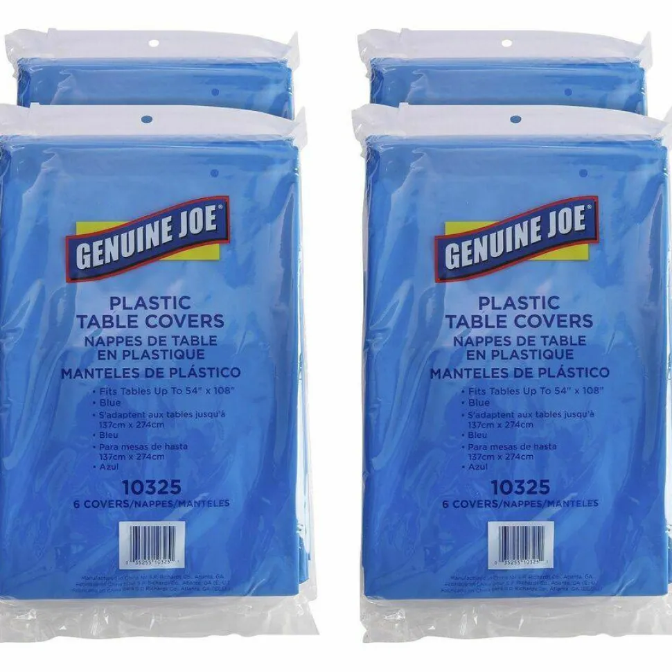 Genuine Joe Plastic Rectangular Table Covers, 108" Length x 54" Width, Plastic, Blue, 6 Per Pack, 4 Packs