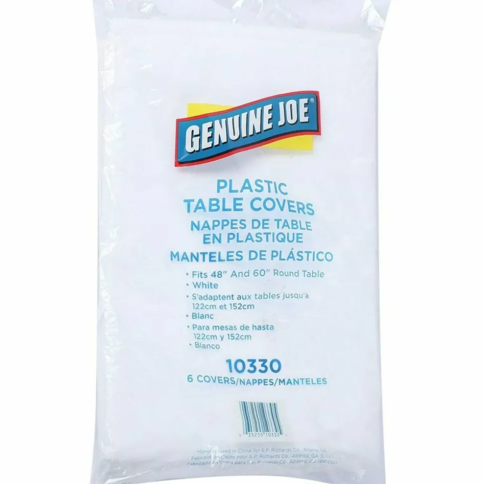 Genuine Joe Plastic Round Table Covers, 48"-60" Diameter, White, Pack Of 6