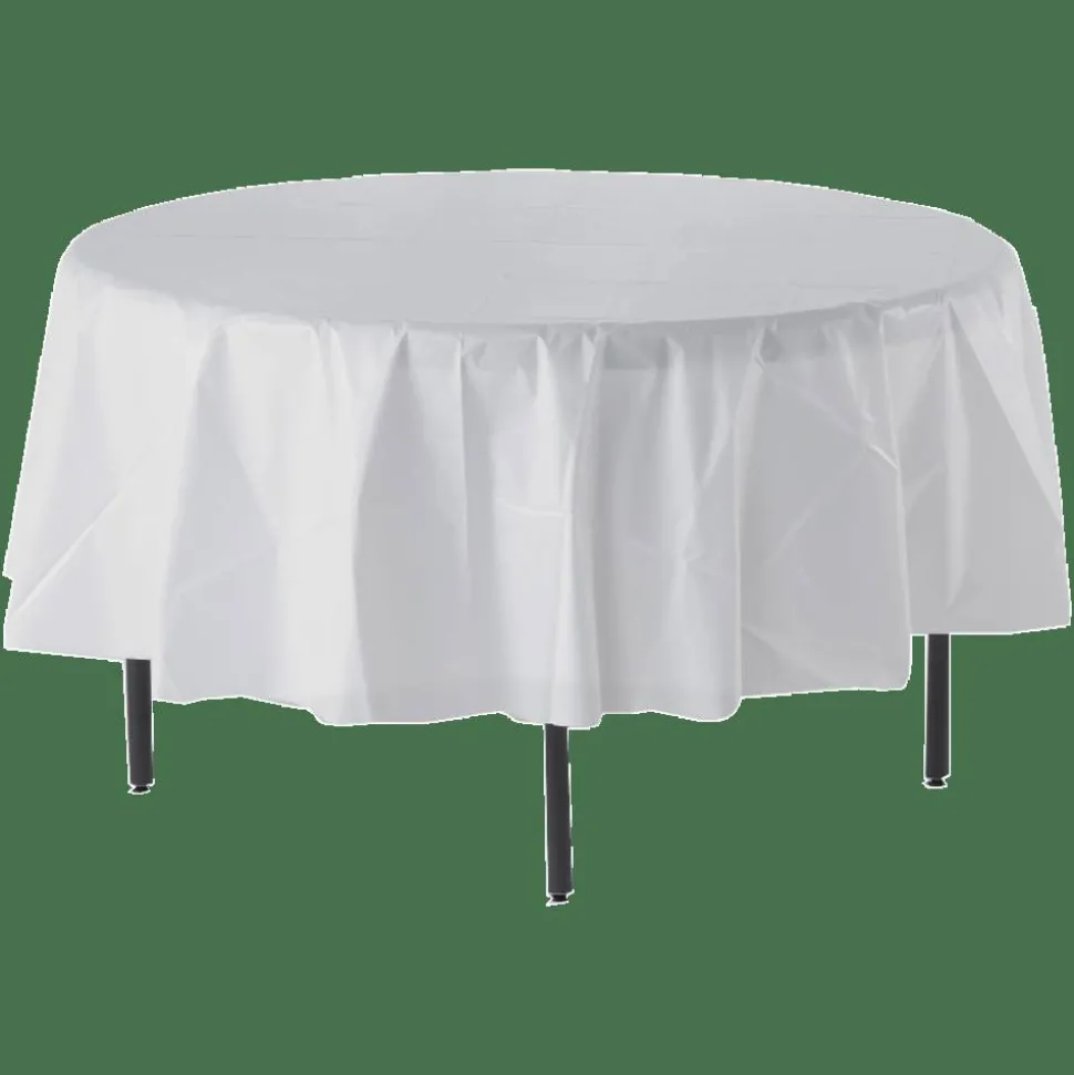 Genuine Joe Plastic Round Table Covers, 48"-60" Diameter, White, Pack Of 6