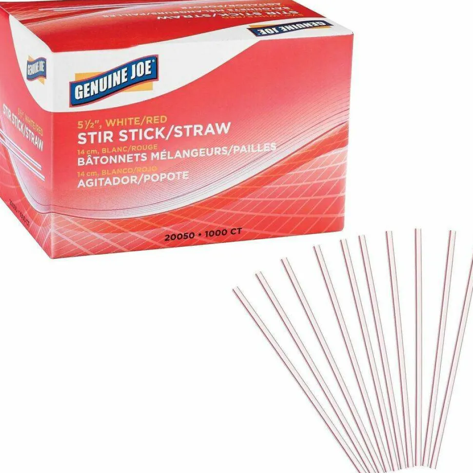 Genuine Joe Plastic Stir Sticks, White/Red, Box Of 1,000 Stir Sticks