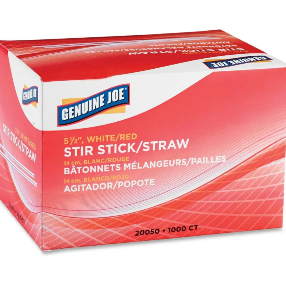 Genuine Joe Plastic Stir Sticks, White/Red, Box Of 1,000 Stir Sticks