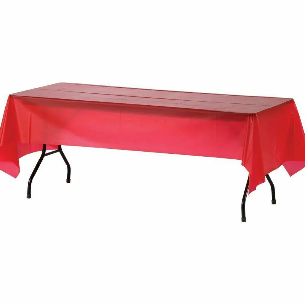 Genuine Joe Plastic Table Covers, 54" x 108", Red, Pack Of 6