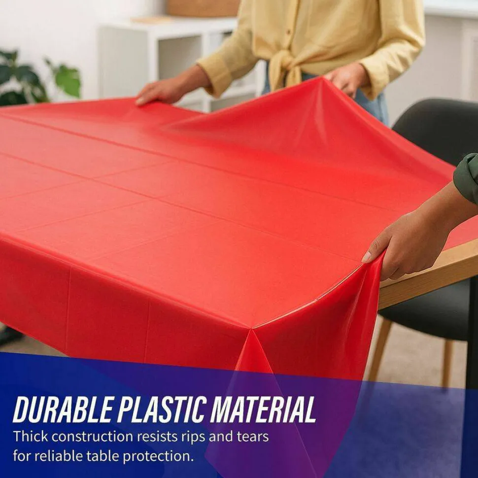Genuine Joe Plastic Table Covers, 54" x 108", Red, Pack Of 6