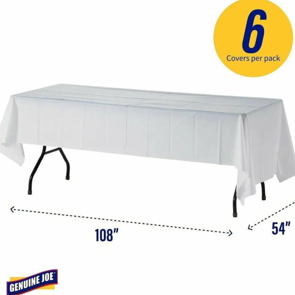 Genuine Joe Plastic Table Covers, 54" x 108", White, Pack Of 6