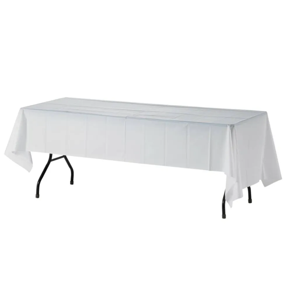 Genuine Joe Plastic Table Covers, 54" x 108", White, Pack Of 6