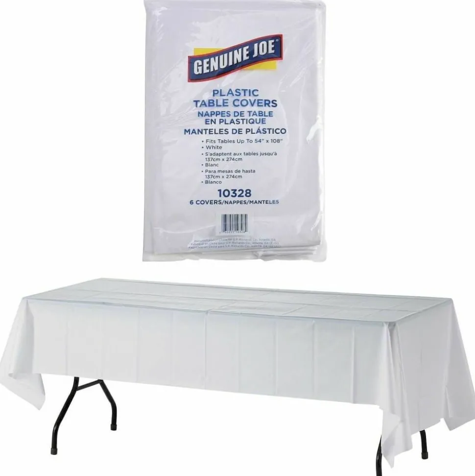 Genuine Joe Plastic Table Covers, 54" x 108", White, Pack Of 6