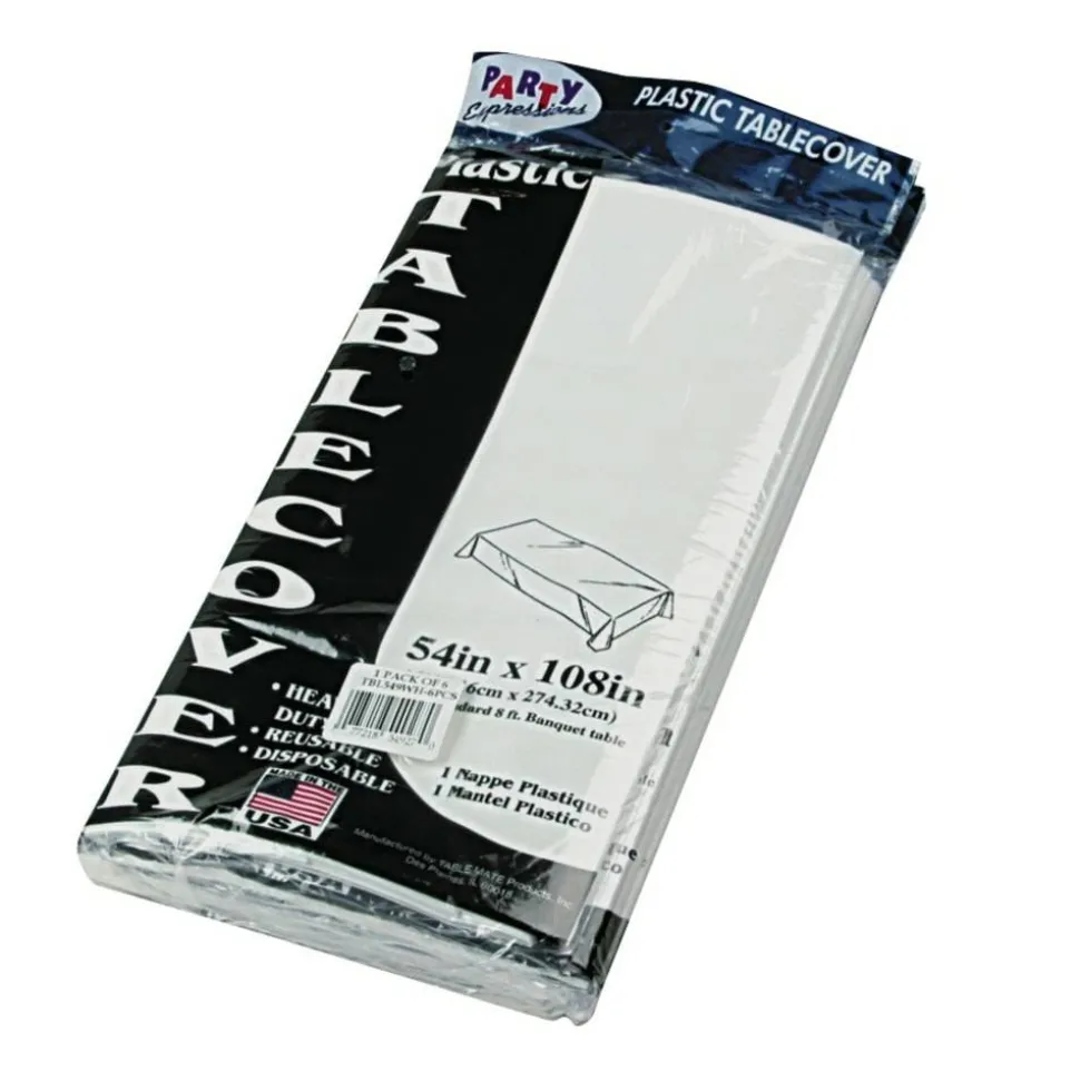 Genuine Joe Plastic Table Covers, 54" x 108", White, Pack Of 6