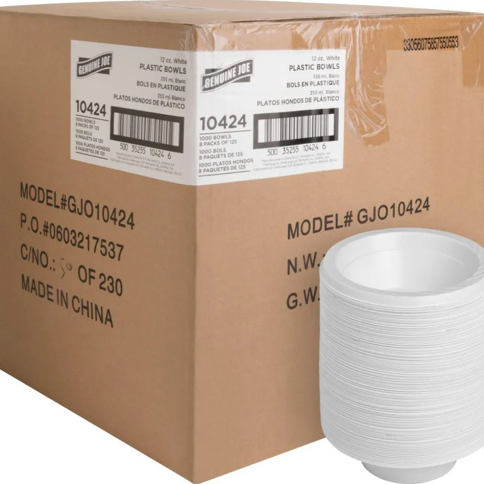 Genuine Joe Reusable Plastic Bowls - 125 / Pack - 12 fl oz Bowl - Plastic - Serving - Disposable - White - 1000 Piece(s) / Carton
