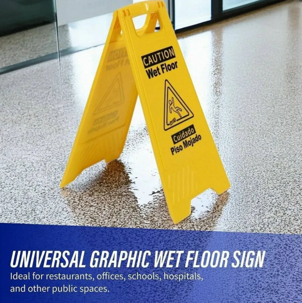 Genuine Joe Universal Graphic Wet Floor Sign - English, Spanish - Print/Message "Wet Floor" - Foldable - Yellow - 1 Each