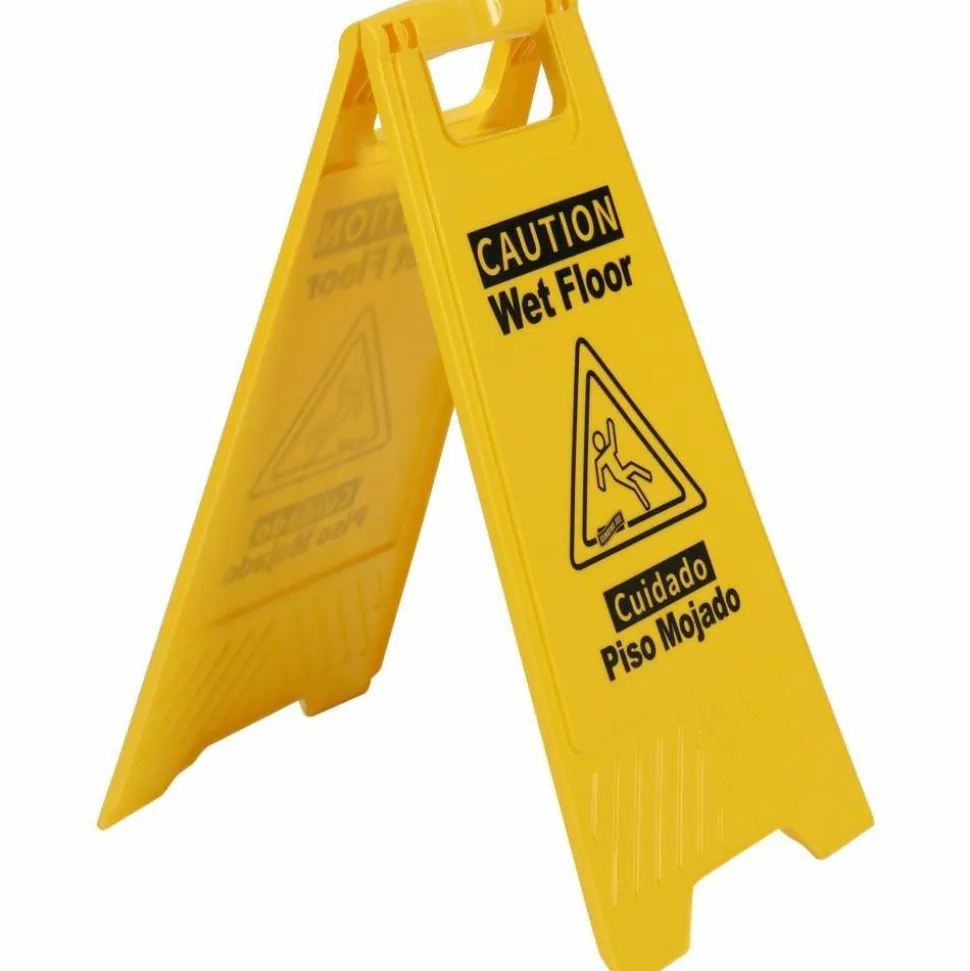 Genuine Joe Universal Graphic Wet Floor Sign - English, Spanish - Print/Message "Wet Floor" - Foldable - Yellow - 1 Each