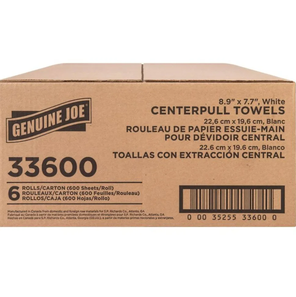 Genuine Joe Centerpull Towel Rolls - 8.13" Width x 7.56" Length - 600 Sheets/Roll - 3" Core - White - Virgin Fiber - 6 / Carton