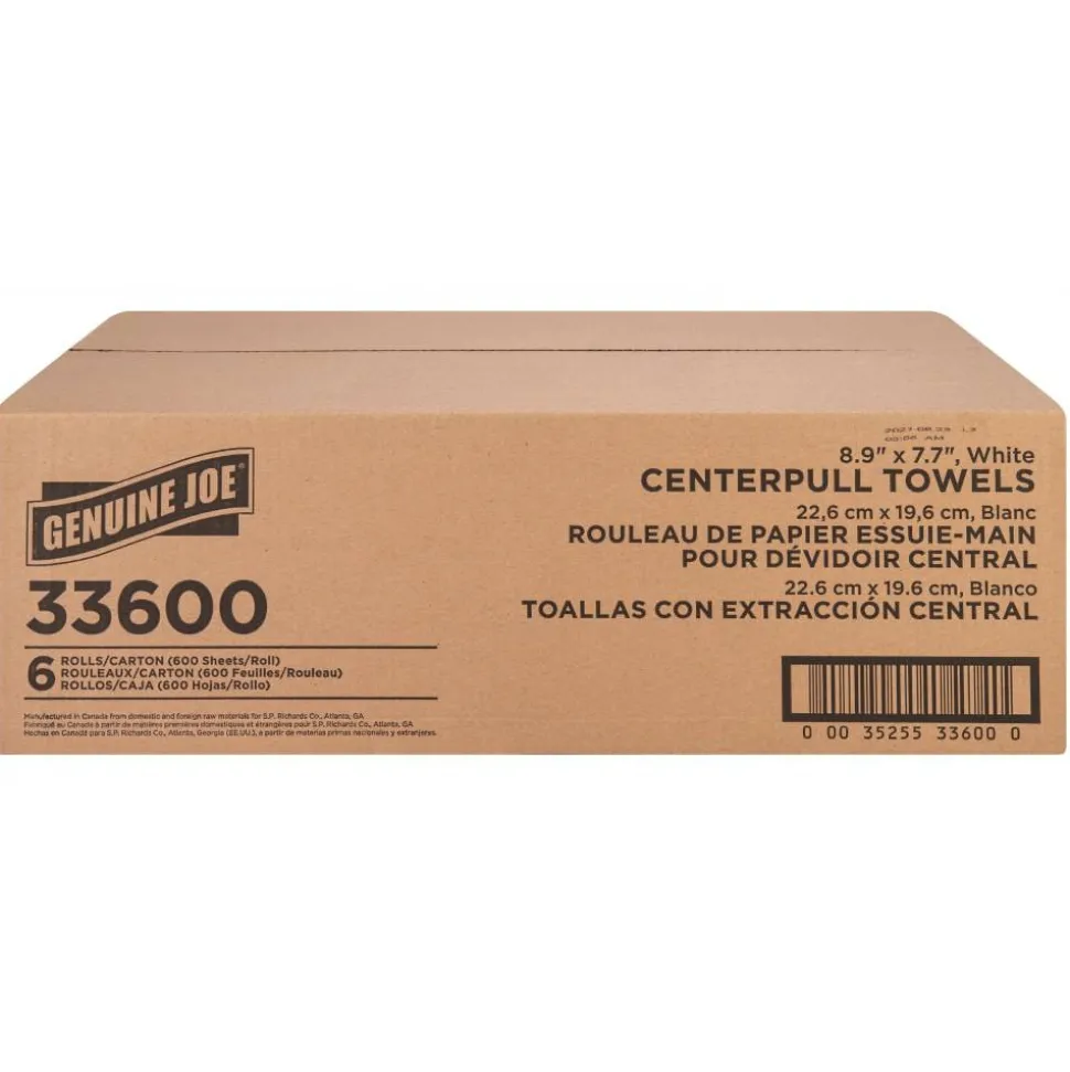 Genuine Joe Centerpull Towel Rolls - 8.13" Width x 7.56" Length - 600 Sheets/Roll - 3" Core - White - Virgin Fiber - 6 / Carton
