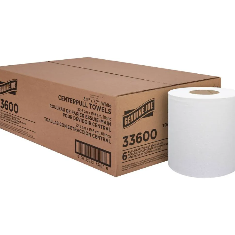 Genuine Joe Centerpull Towel Rolls - 8.13" Width x 7.56" Length - 600 Sheets/Roll - 3" Core - White - Virgin Fiber - 6 / Carton