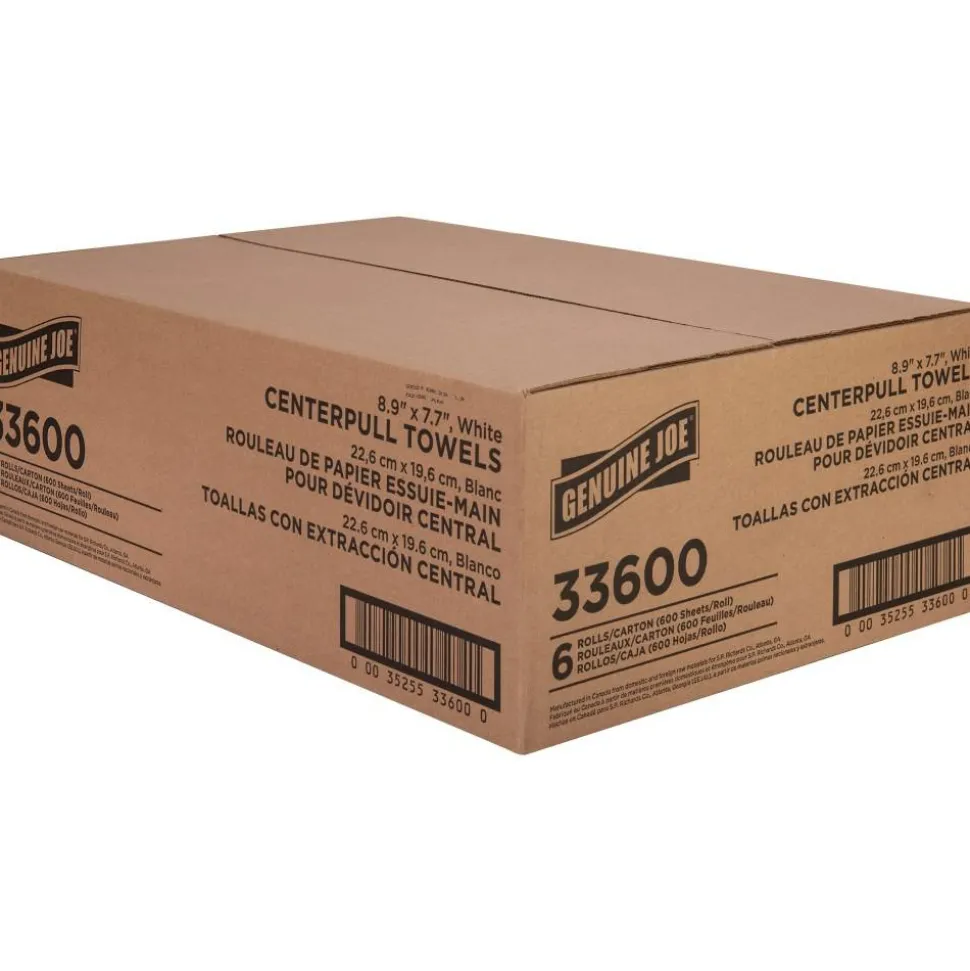 Genuine Joe Centerpull Towel Rolls - 8.13" Width x 7.56" Length - 600 Sheets/Roll - 3" Core - White - Virgin Fiber - 6 / Carton