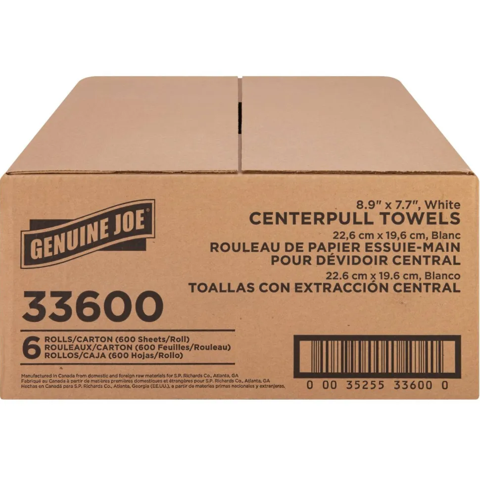 Genuine Joe Centerpull Towel Rolls - 8.13" Width x 7.56" Length - 600 Sheets/Roll - 3" Core - White - Virgin Fiber - 6 / Carton
