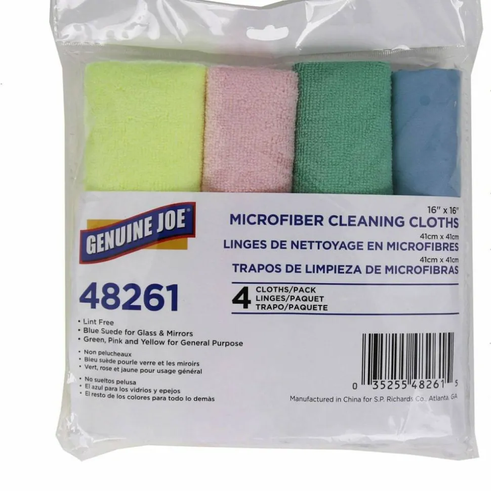 Genuine Joe Color-coded Microfiber Cleaning Cloths - 16" Width x 16" Length - Assorted - MicroFiber - 4/Pack - 9 / Carton