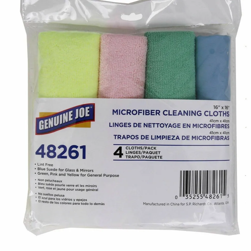 Genuine Joe Color-coded Microfiber Cleaning Cloths - 16" Width x 16" Length - Assorted - MicroFiber - 4/Pack - 9 / Carton