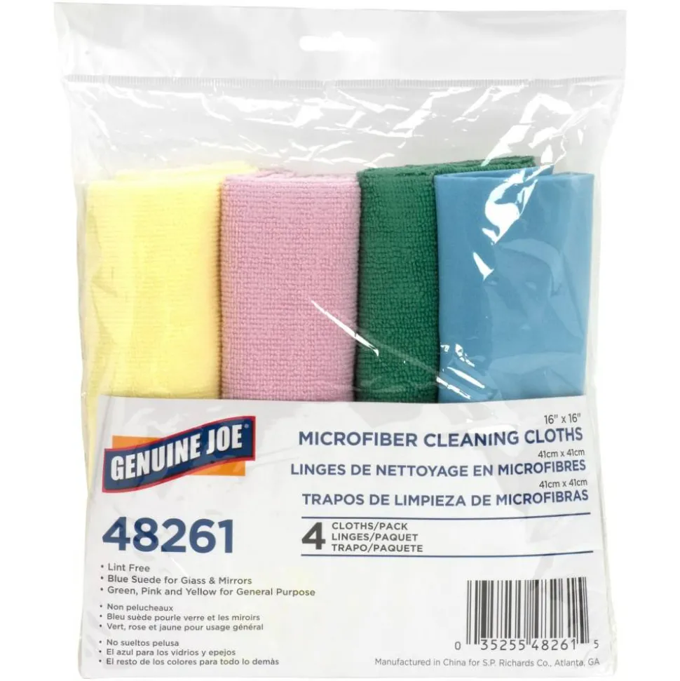 Genuine Joe Color-coded Microfiber Cleaning Cloths - 16" Width x 16" Length - Assorted - MicroFiber - 4/Pack - 9 / Carton