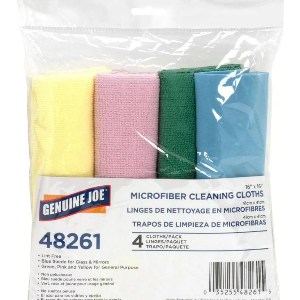 Genuine Joe Color-coded Microfiber Cleaning Cloths - 16" Width x 16" Length - Assorted - MicroFiber - 4/Pack - 9 / Carton