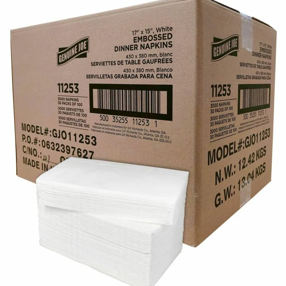 Genuine Joe Embossed 2-Ply Dinner Napkins, 17" x 15", 100% Recycled, White, 100 Napkins Per Sleeve, Carton Of 30 Sleeves