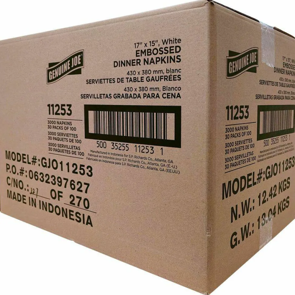 Genuine Joe Embossed 2-Ply Dinner Napkins, 17" x 15", 100% Recycled, White, 100 Napkins Per Sleeve, Carton Of 30 Sleeves