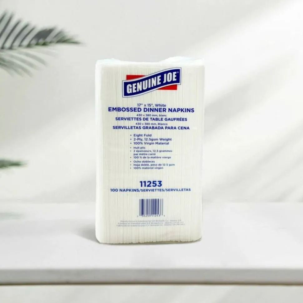 Genuine Joe Embossed 2-Ply Dinner Napkins, 17" x 15", 100% Recycled, White, 100 Napkins Per Sleeve, Carton Of 30 Sleeves