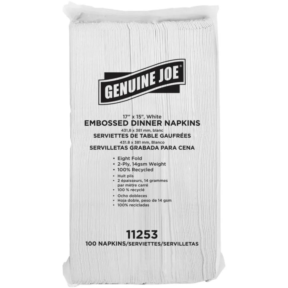 Genuine Joe Embossed 2-Ply Dinner Napkins, 17" x 15", 100% Recycled, White, 100 Napkins Per Sleeve, Carton Of 30 Sleeves
