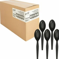 Genuine Joe Heavyweight Spoon - 1 Piece(s) - Spoon - 1 x Spoon - Disposable - Textured - Black - 1000/Carton