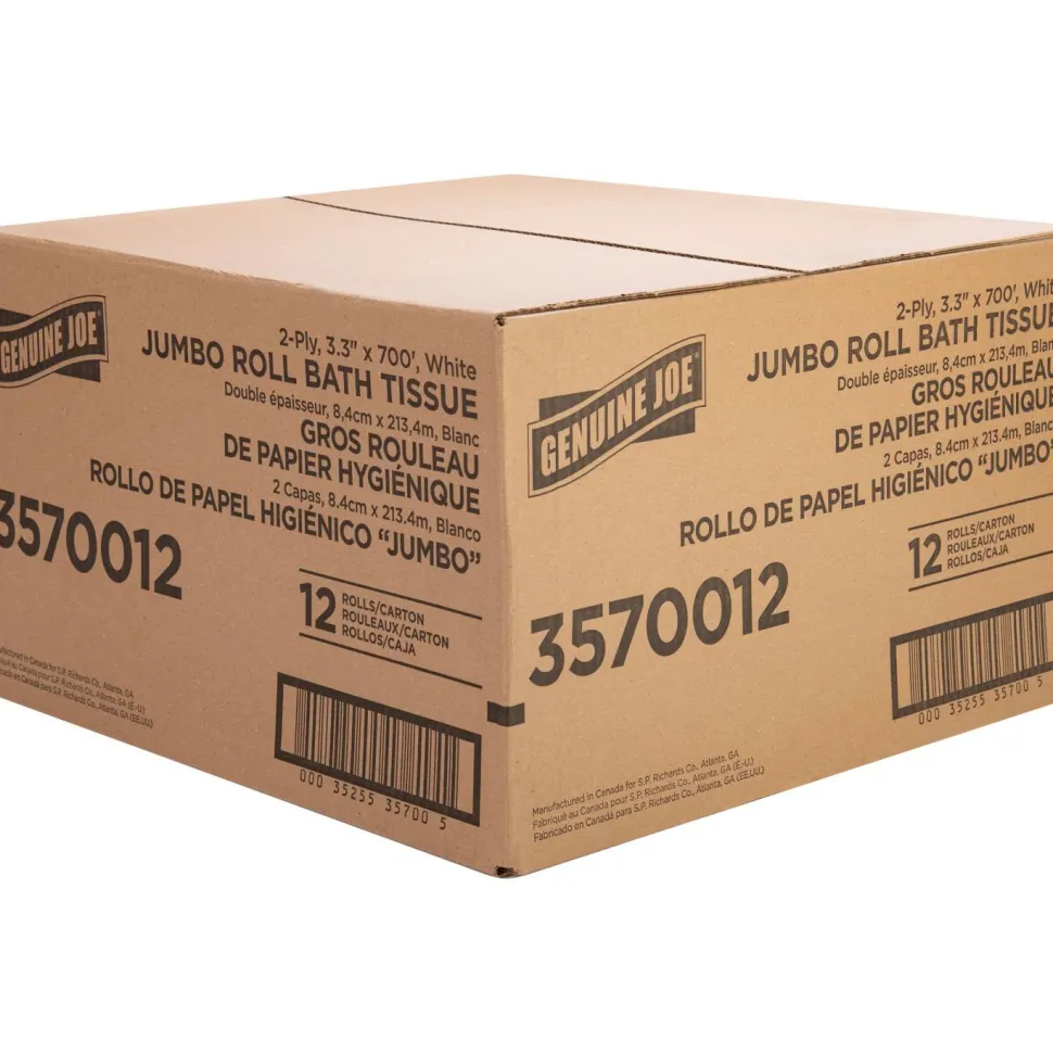 Genuine Joe Jumbo Jr Dispenser Bath Tissue Roll - 2 Ply - 3.30" Width x 700 ft Length - 8.88" Roll Diameter - White - Fiber - 12 / Carton