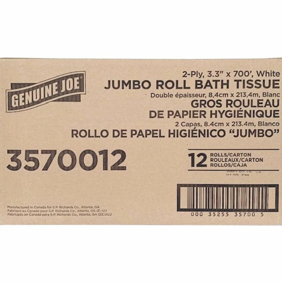 Genuine Joe Jumbo Jr Dispenser Bath Tissue Roll - 2 Ply - 3.30" Width x 700 ft Length - 8.88" Roll Diameter - White - Fiber - 12 / Carton