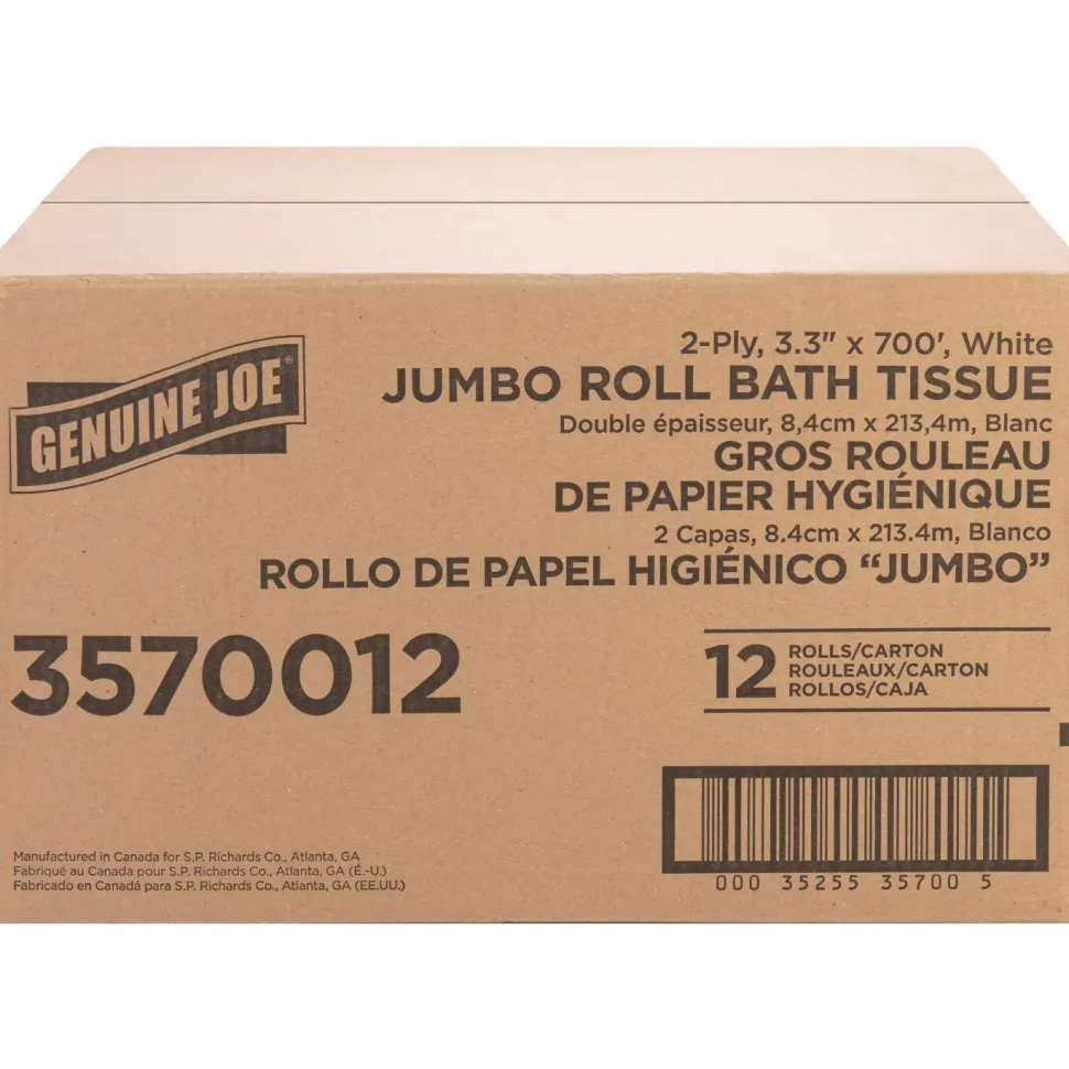 Genuine Joe Jumbo Jr Dispenser Bath Tissue Roll - 2 Ply - 3.30" Width x 700 ft Length - 8.88" Roll Diameter - White - Fiber - 12 / Carton