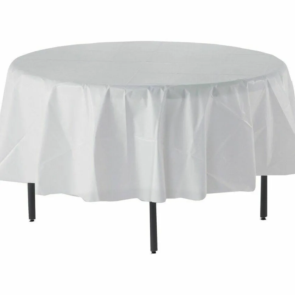 Genuine Joe Plastic Round Tablecovers, 84" Diameter, Plastic, White, 6 Per Pack, 4 Packs