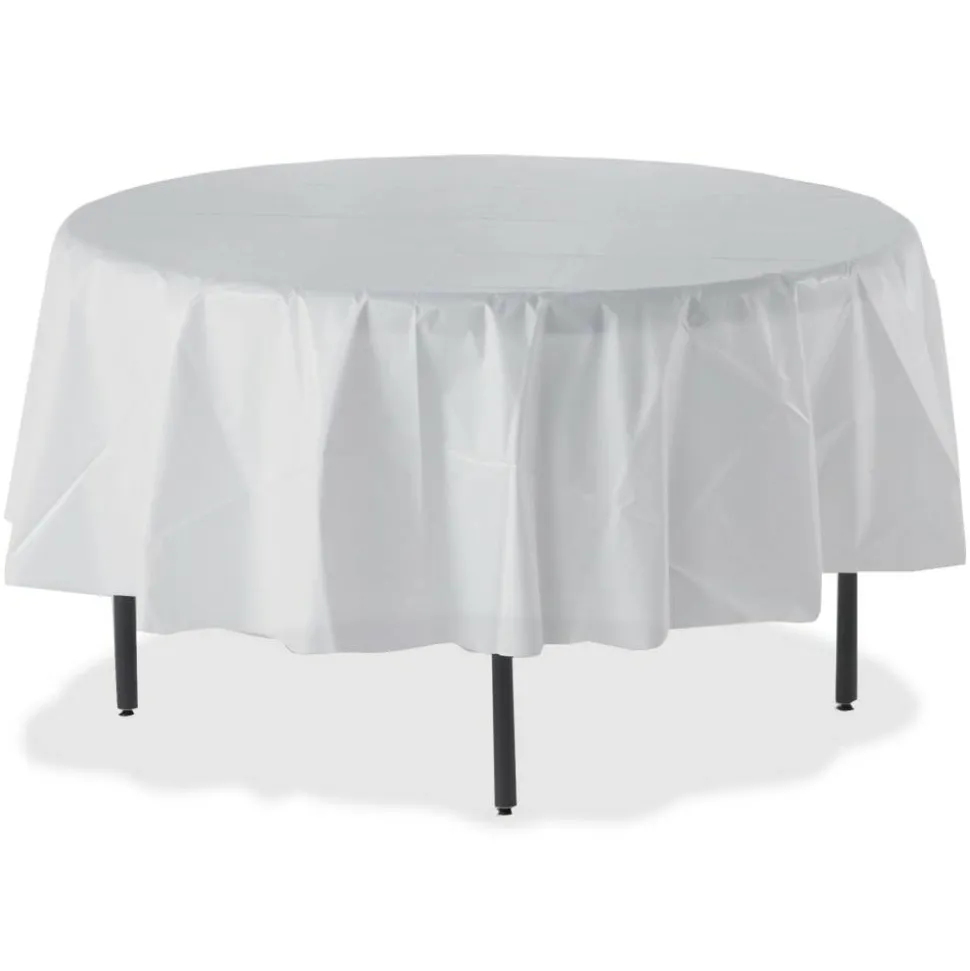 Genuine Joe Plastic Round Tablecovers, 84" Diameter, Plastic, White, 6 Per Pack, 4 Packs
