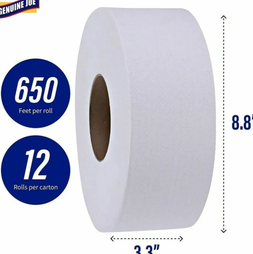Genuine Joe 2-ply Jumbo Roll Dispenser Bath Tissue - 2 Ply - 3.30" Width x 650 ft Length - 3 19/64" Core - White - 12 / Carton