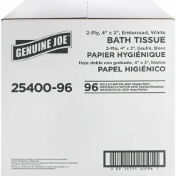 Genuine Joe 2-ply Standard Bath Tissue Rolls - 2 Ply - 3" Width x 4" Length - 400 Sheets/Roll - 1 5/8" Core - White - 96 / Carton