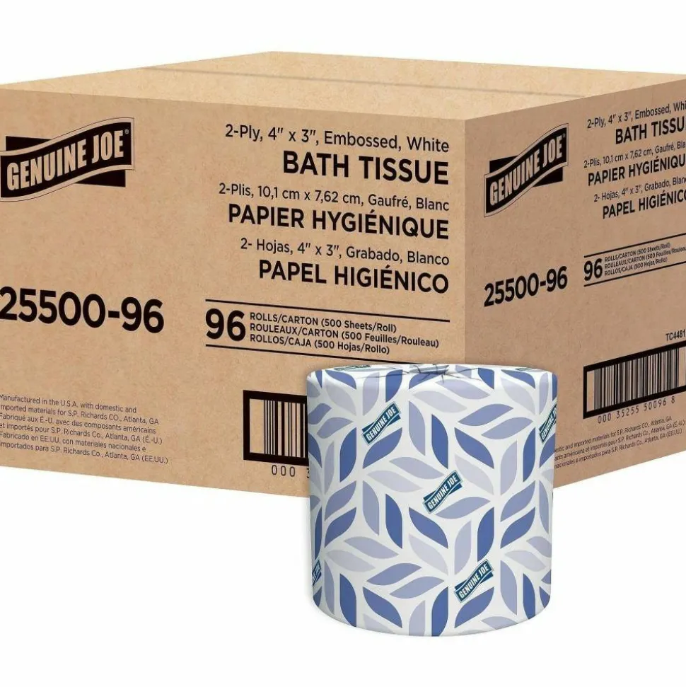 Genuine Joe 2-ply Standard Bath Tissue Rolls - 2 Ply - 4" Width x 3.20" Length - 500 Sheets/Roll - 1 5/8" Core - White - 96 / Carton