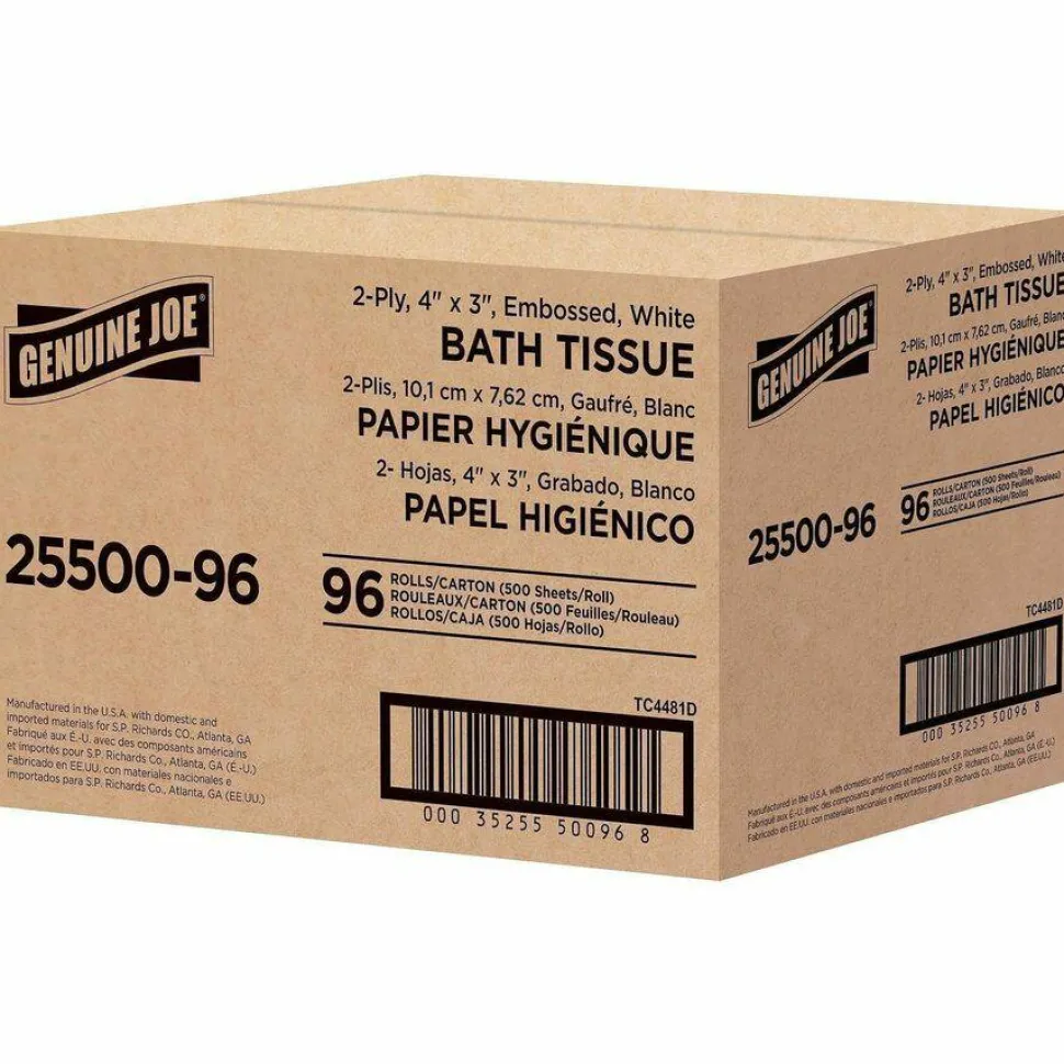 Genuine Joe 2-ply Standard Bath Tissue Rolls - 2 Ply - 4" Width x 3.20" Length - 500 Sheets/Roll - 1 5/8" Core - White - 96 / Carton