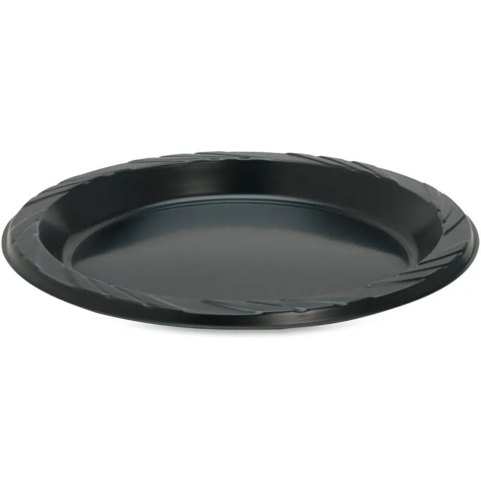 Genuine Joe Round Plastic Black Plates - 125 / Pack - 9" Diameter Plate - Plastic - Serving - Disposable - Black - 500 Piece(s) / Carton