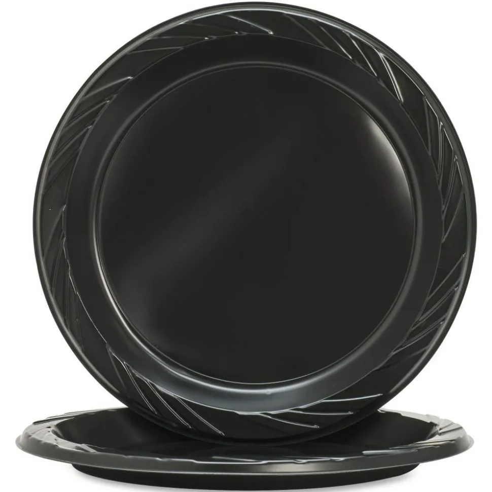 Genuine Joe Round Plastic Black Plates - 125 / Pack - 9" Diameter Plate - Plastic - Serving - Disposable - Black - 500 Piece(s) / Carton