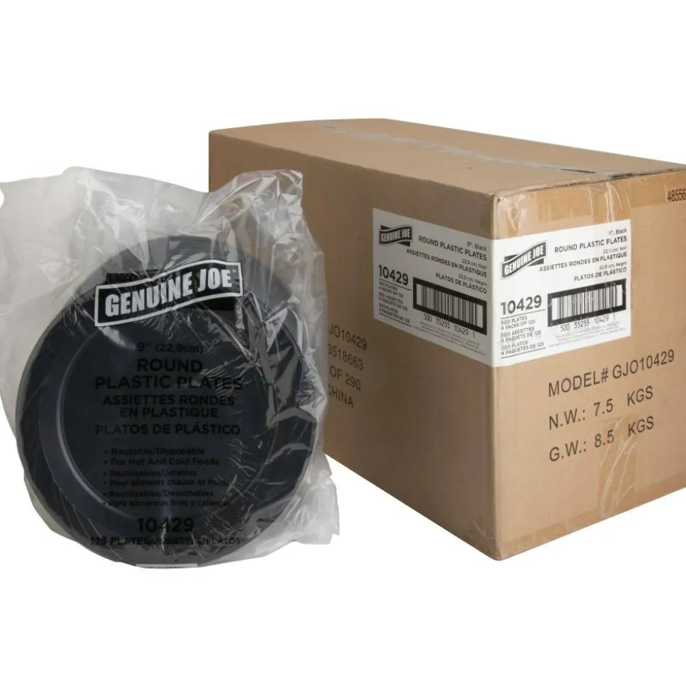 Genuine Joe Round Plastic Black Plates - 125 / Pack - 9" Diameter Plate - Plastic - Serving - Disposable - Black - 500 Piece(s) / Carton
