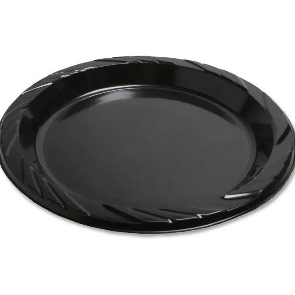 Genuine Joe Round Plastic Black Plates - 125 / Pack - 9" Diameter Plate - Plastic - Serving - Disposable - Black - 500 Piece(s) / Carton