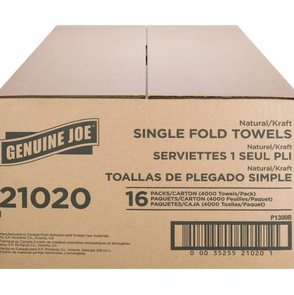 Genuine Joe Single-Fold 1-Ply Paper Towels, Natural, Pack Of 4000 Sheets