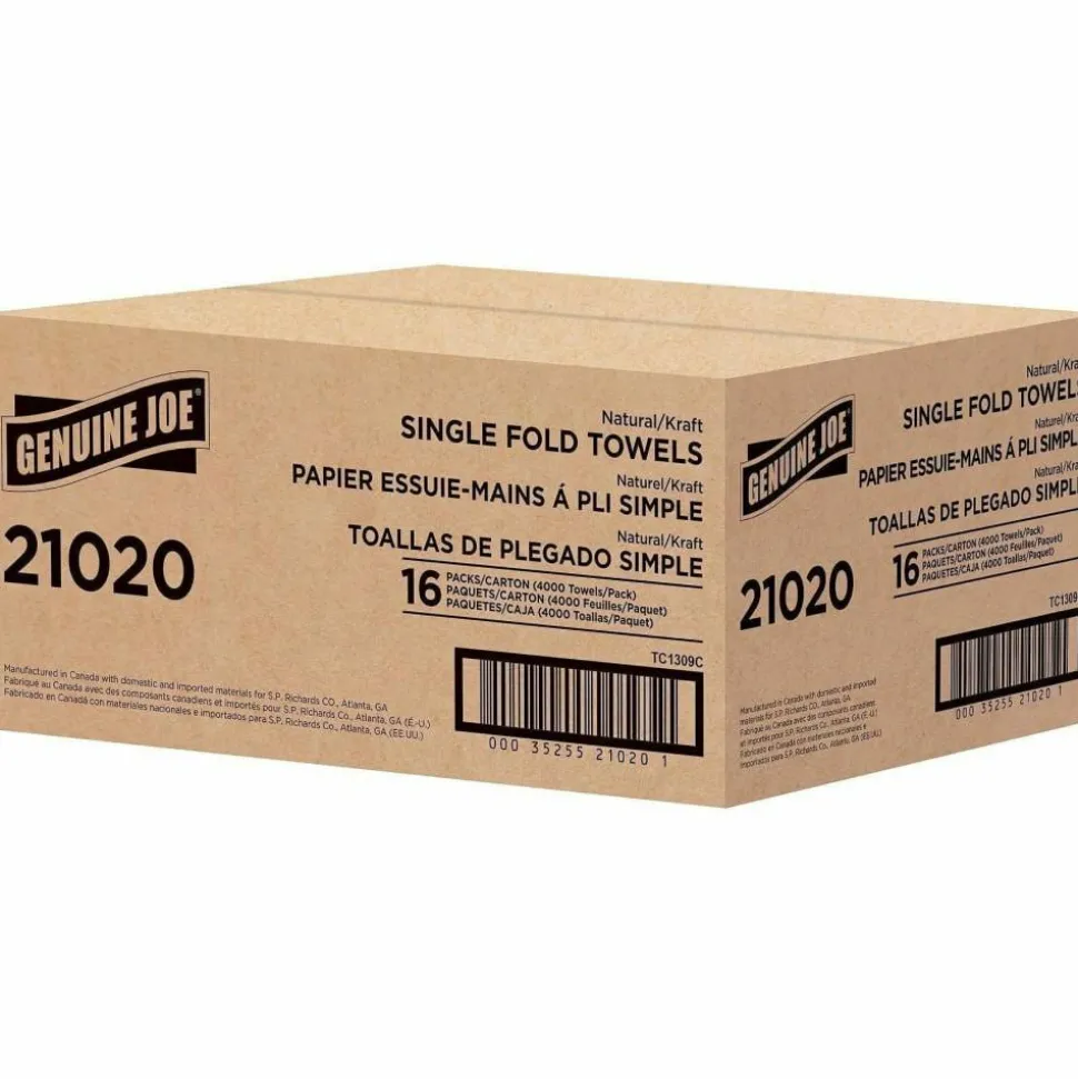 Genuine Joe Single-Fold 1-Ply Paper Towels, Natural, Pack Of 4000 Sheets