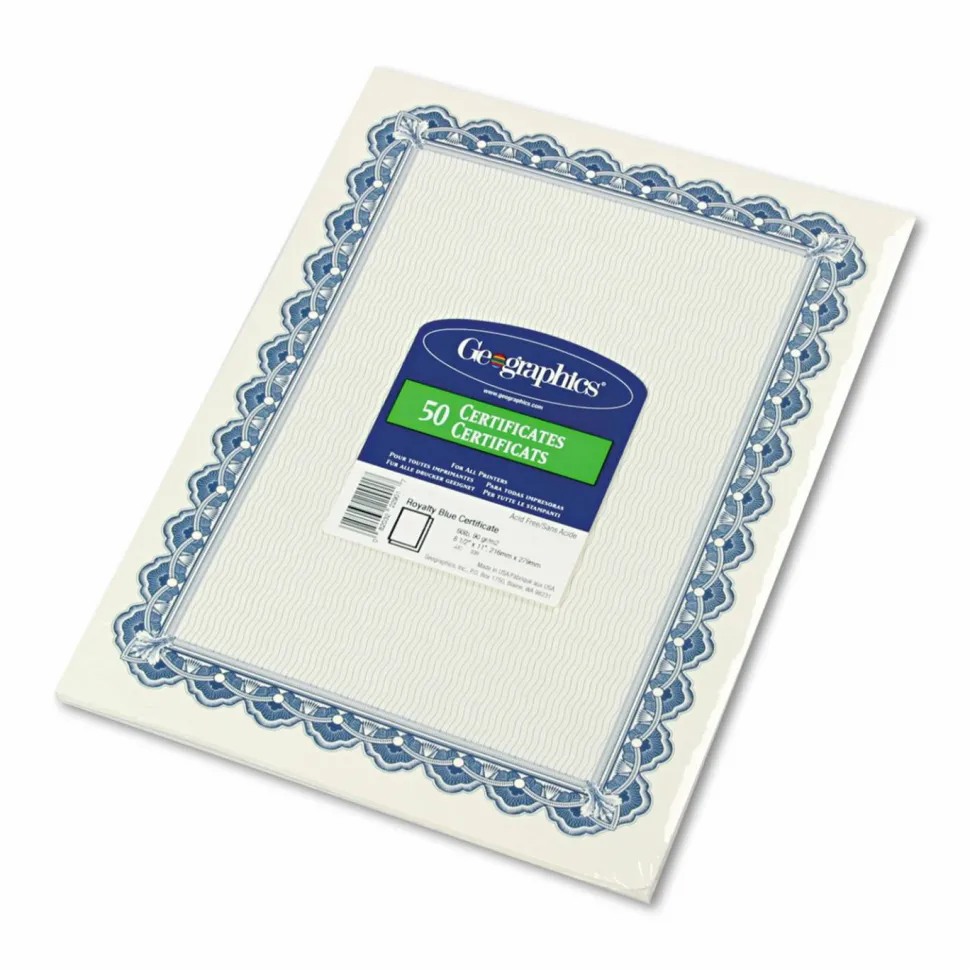 Geographics Archival Quality Parchment Paper Certificates, 11 x 8.5, Horizontal Orientation, Blue with Blue Royalty Border, 50/Pack
