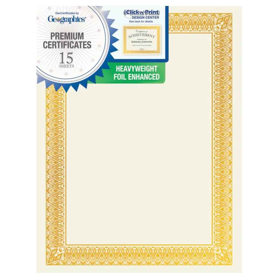Geographics Foil Certificates, 8-1/2" x 11", Rome Gold, Pack Of 15